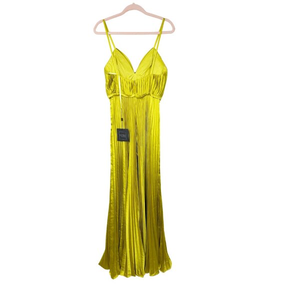NWT Mac Duggal Pleated Plunge Neck Wide Leg Jumpsuit Chartreuse 6 #8483 - Picture 9 of 11